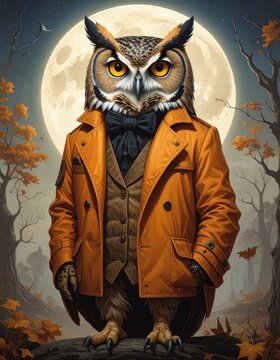 A dapper owl in an orange trench coat stands against a full moon and autumnal trees.