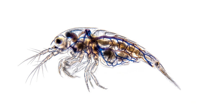 Microscopic View of Transparent Amphipod Crustacean with Visible Internal Anatomy Isolated on transparent background