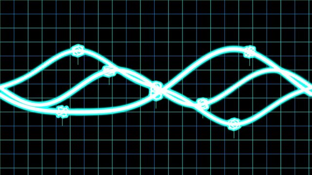 Cyan Neon Digital Sine Wave and HUD Data Nodes on Grid, Futuristic Oscilloscope Frequency Loop