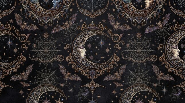 Halloween pattern featuring ornate moon and star constellations dark background ornamental halloween seamless mystical skeleton