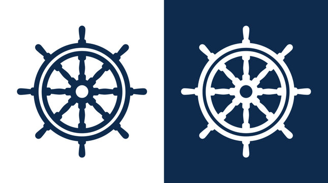 Nautical ship steering wheels depicted in dark blue and white vector icons for marine design projects