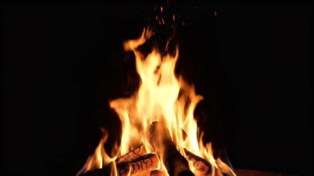 Flames dance and embers spark from burning logs in the darkness