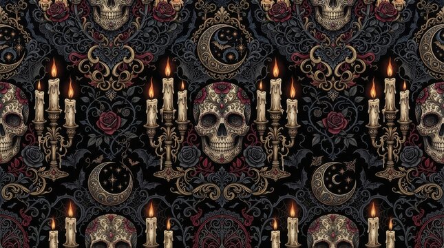 Halloween pattern with gothic skulls and ornate glowing candles halloween seamless skeleton decoration celebration mystical