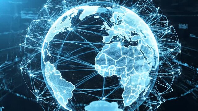 Digital globe projection with glowing lines and abstract connections