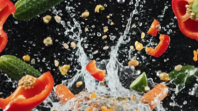 Vibrant carrots, peppers, and cucumbers explode in water splash