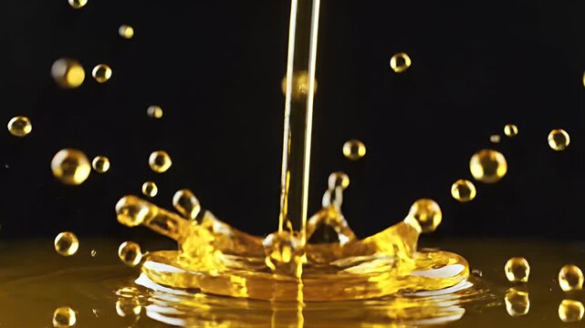 Golden liquid erupts and splashes against a dark backdrop