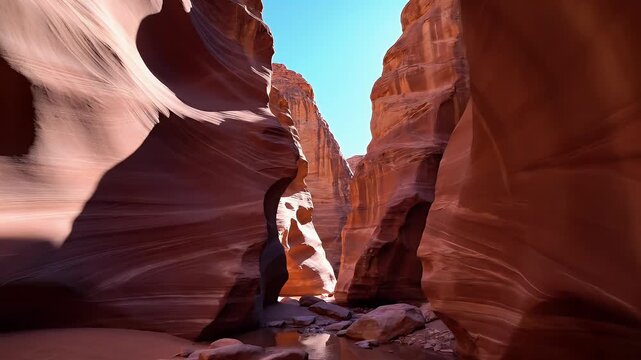 Sunlit sandstone slot canyon walls curve and twist with sculpted, flowing shapes