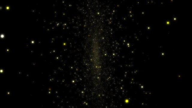 Beautiful loop animation glow yellow bokeh particles flow on black abstract background for screen project overlay.4K seamless loop new year themed background for winter Christmas