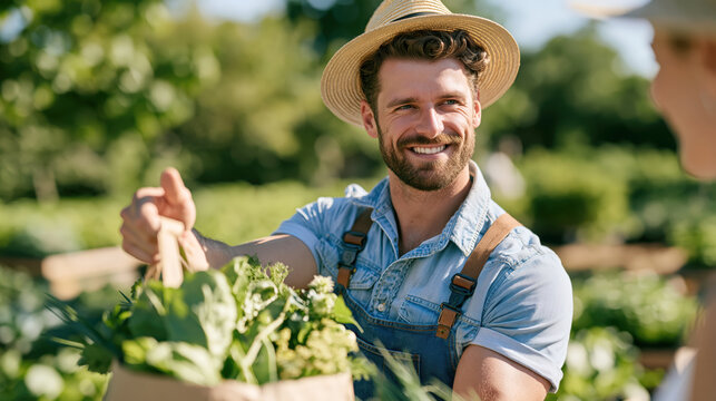 Happy young man wearing hat holding fresh green vegetable in garden