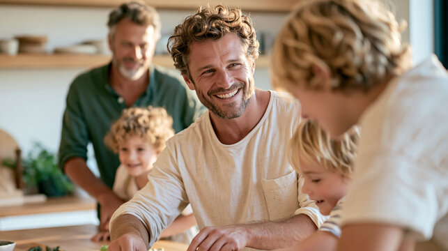 Happy family of multiple generations cooking and enjoying time together