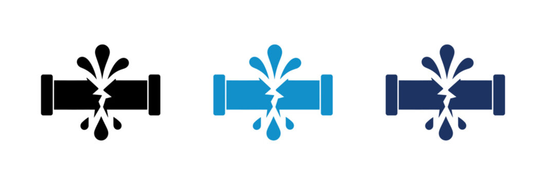 Broken pipe icon set showing water leaking from cracked industrial plumbing tubes.