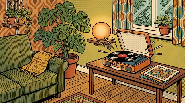 Vintage Comic Illustration: Cozy Living Room Corner with Record Player, Plants, and Retro Vibes