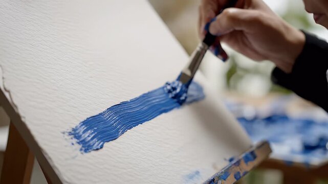 Person's hand with blue paint on brush applying stroke to canvas