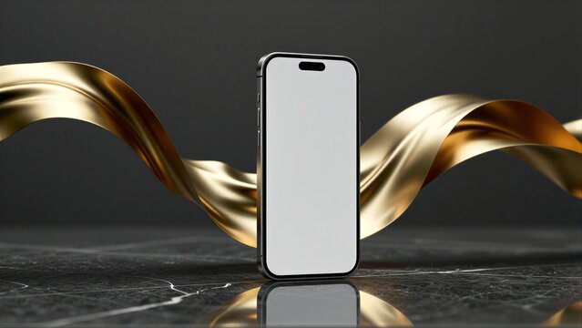 Golden ribbon swirls around sleek smartphone on reflective dark surface.