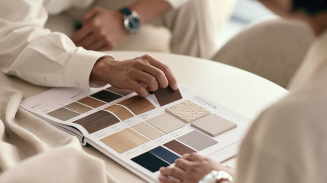 Interior design consultation with color and texture sample swatch book on table