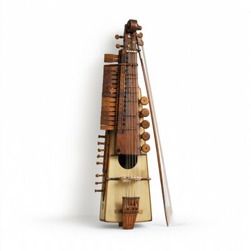 Traditional wooden sarangi instrument with bow against white