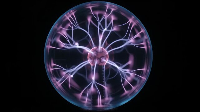 Purple Blue Orange Plasma Globe with Glowing Electric Filament Branching Across Glass Sphere, Vibrant Electricity Energy Display Against Black Background, Mysterious Futuristic Science Visual for SEO