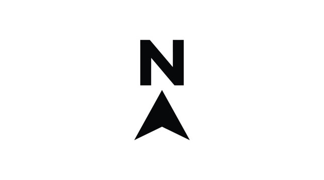 Black north arrow symbol showing direction with minimalist design style on a crisp white background