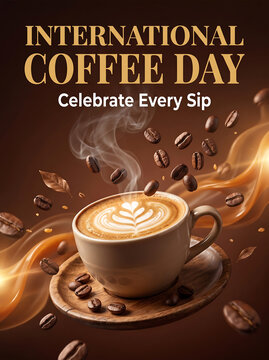 International Coffee Day latte art coffee cup with glowing beans