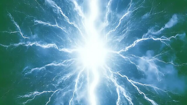 Bright blue lightning bolts flash across a solid green background