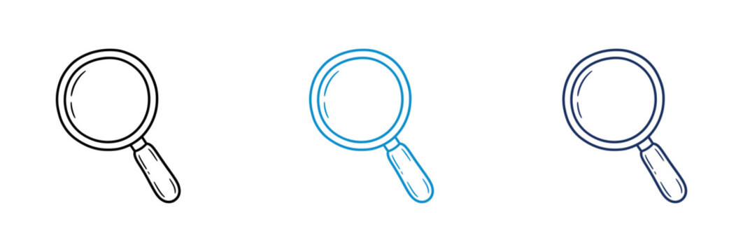 Set of three magnifying glass icons in hand drawn sketch style for search and discovery.