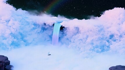 Obraz premium Sailboat navigates clouds near rainbow waterfall under starry
