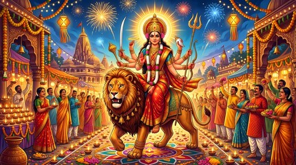 Fototapeta premium Goddess Durga riding lion in vibrant festival celebration with devotees
