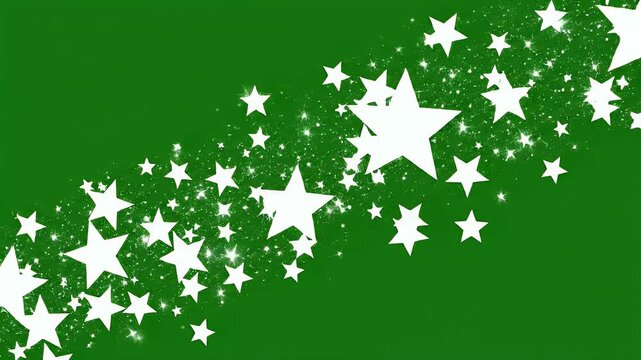 White stars and sparkles cascade diagonally across a vibrant green background
