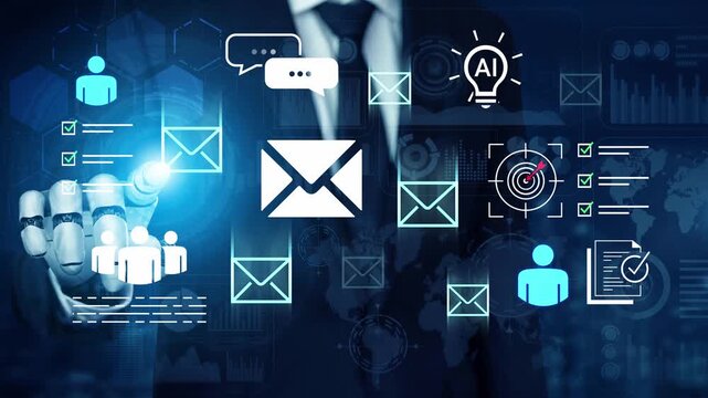 Business professional interacting with digital communication icons and analytics for email marketing, artificial intelligence, and networking strategies Gluon.