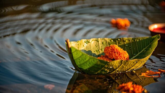 Traditional leaf boat with marigold flowers floating on rippling water during religious festival