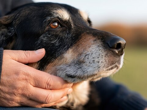Close up portrait of senior dog being petted