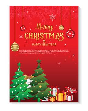 Christmas greeting card and Happy new year wishes card, poster, template, flyer design. Luxury Christmas invitation card, poster, background, banner design with snowflakes, Christmas tree, gift box.