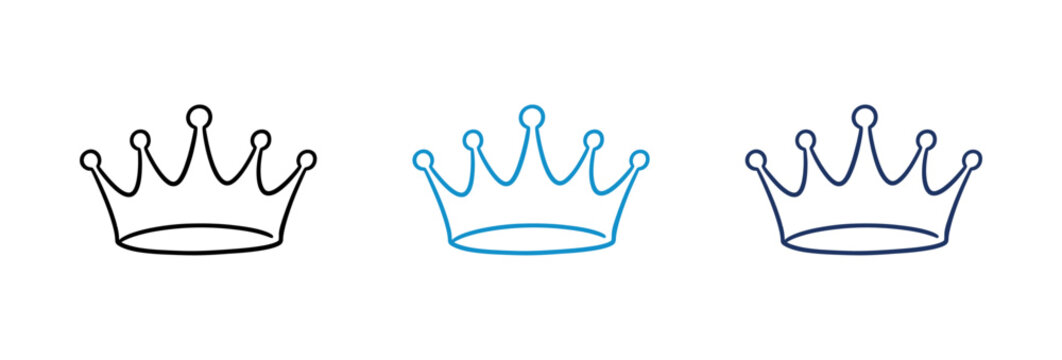 Set of three simple crown line art icons in black and blue colors.
