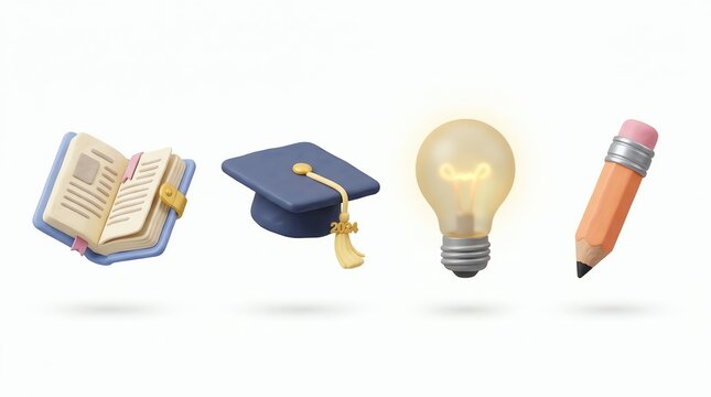 3d Render Education Icons Featuring Open Book Graduation Cap Glowing Bulb And Pencil