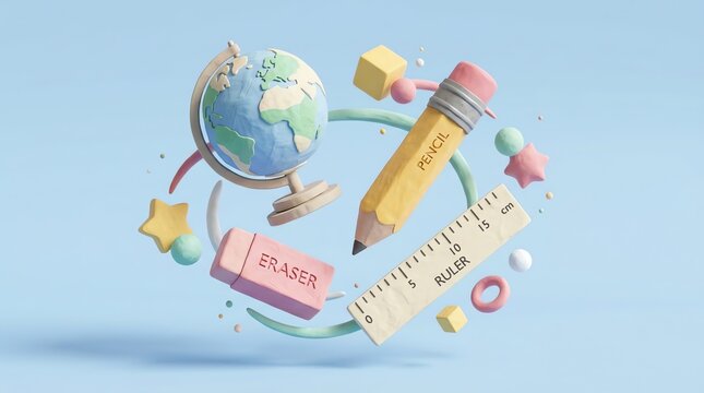 3D render of school supplies floating on blue background