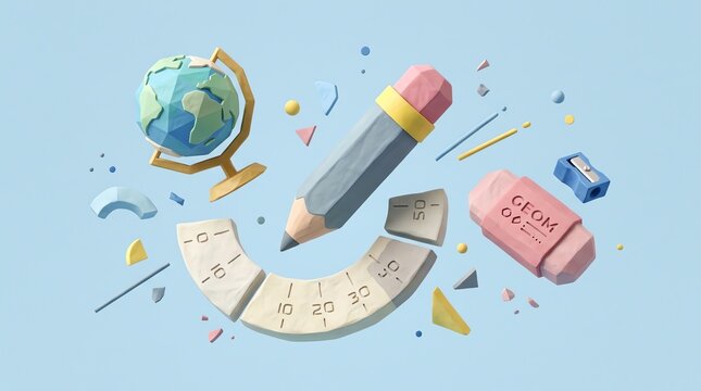 3D render of school supplies including a pencil globe and eraser on blue background