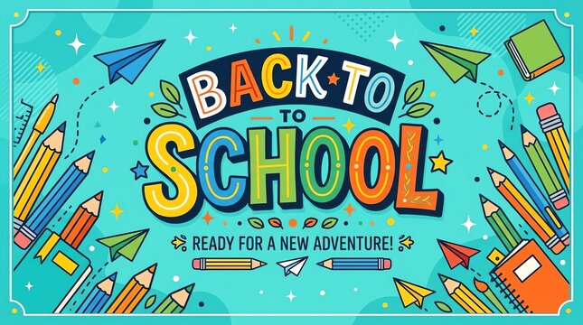 Colorful flat vector back to school banner featuring educational supplies and bold typography