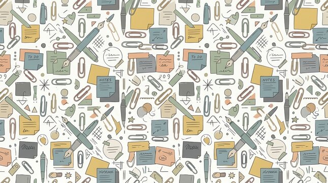 Colorful stationery pattern with pens and sticky notes on white