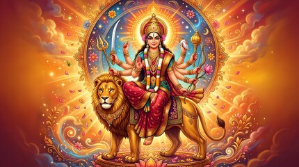 Obraz premium Goddess Durga riding lion with trident and drum in vibrant cosmic background