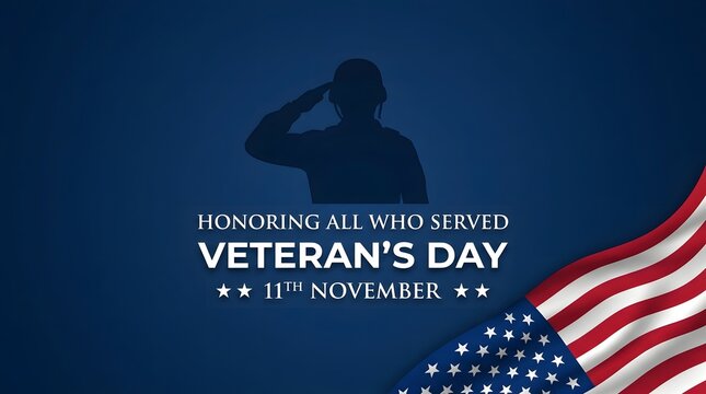 Happy Veterans Day banner background vector illustration with saluting soldier silhouette, US flag detail, and text honoring all who served on 11th November.