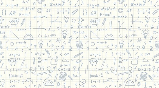 Math and science doodle pattern background with formulas and educational sketches