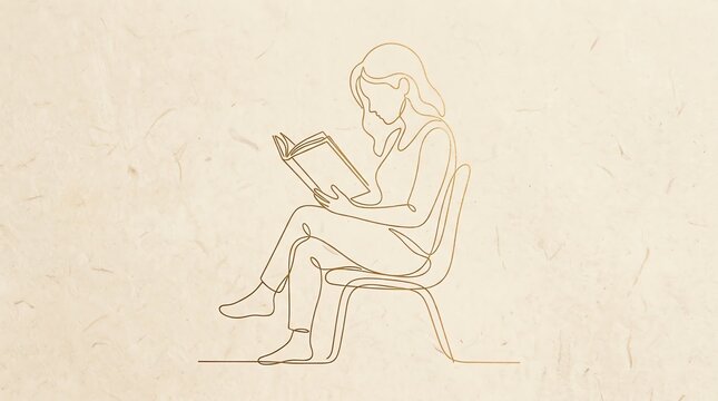 Minimalist one line art of person reading a book on textured background