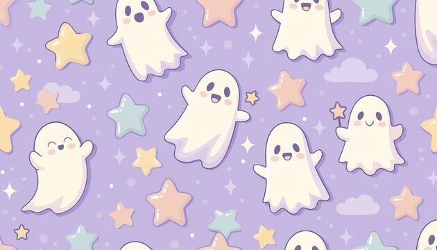 Cute kawaii ghosts moons lilac pattern, a cute seamless pattern for childrens products stationery and gift wrap