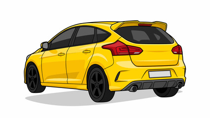 Fototapeta premium Rear view of a bright yellow hatchback car with black wheels and a spoiler, isolated on a white background.