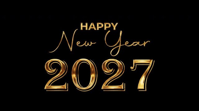 Happy New Year 2027 glow golden text flickering shinelight effect animation on black background. Isolated alpha channel Apply prores 444