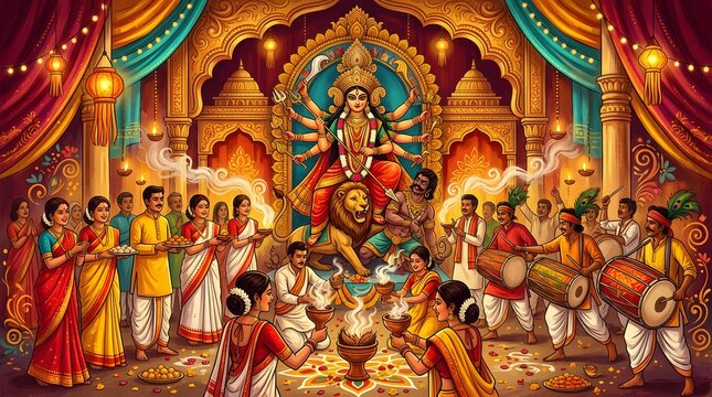 Traditional Hindu Durga Puja celebration with devotees offering prayers and flowers