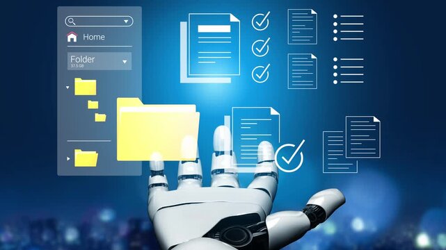 Futuristic robot hand interacting with digital files and folders, showcasing advanced technology and automation in data management systems Gluon.