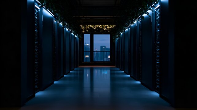 Green cloud computing data center with server racks and hanging foliage facing urban skyline. Concept of environmental sustainability in digital infrastructure.
