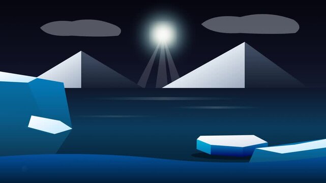 Animated night arctic landscape with glowing moon and floating icebergs