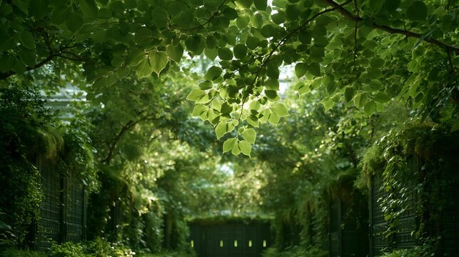 Green foliage hanging over server racks completely covered in vines and moss. Concept of absolute carbon neutral computing and biological technology ecosystems.